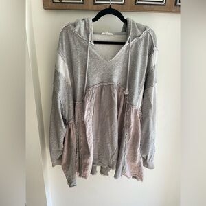 Blue Velvet Patchwork Hooded Sweatshirt in Light Gray